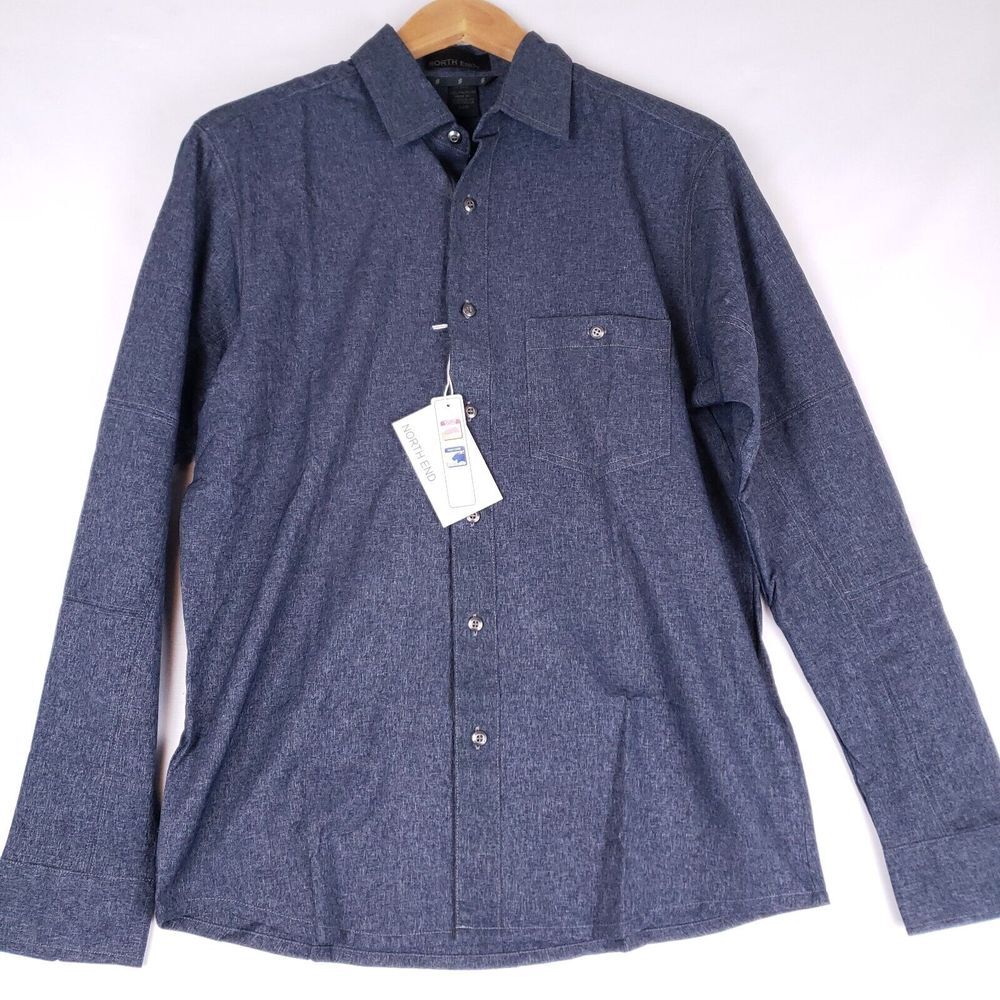 North End Men's Button Up Shirt S Blue Long Sleeve Moisture Wicking Gorpcore